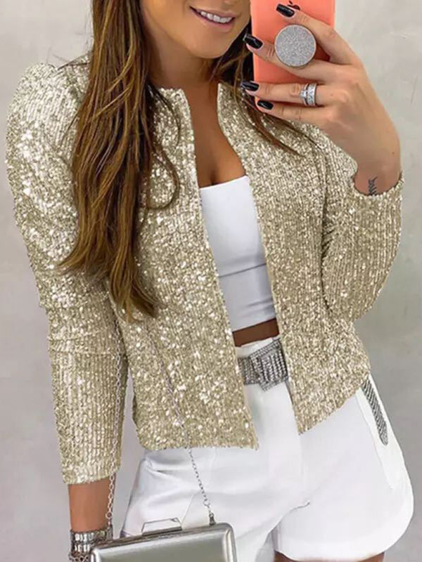 Women's Fashion Round Neck Solid Color Sequined Short Coat - Premium Jackets from Craftklart Dropship - Just $18.98! Shop now at Craftklart.store