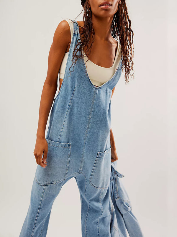New Washed Denim V-neck Jumpsuit Adjustable Overalls - Premium All in one from Craftklart Dropship - Just $18.98! Shop now at Craftklart.store