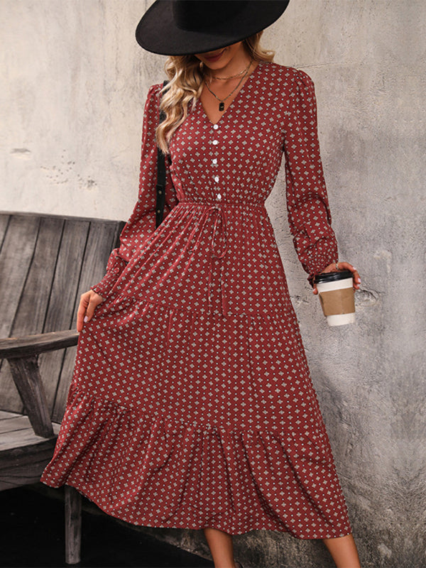 New Women's Long Sleeve Printed V-neck Waist Dress - Premium Dress from kakaclo - Just $16.58! Shop now at Craftklart.store