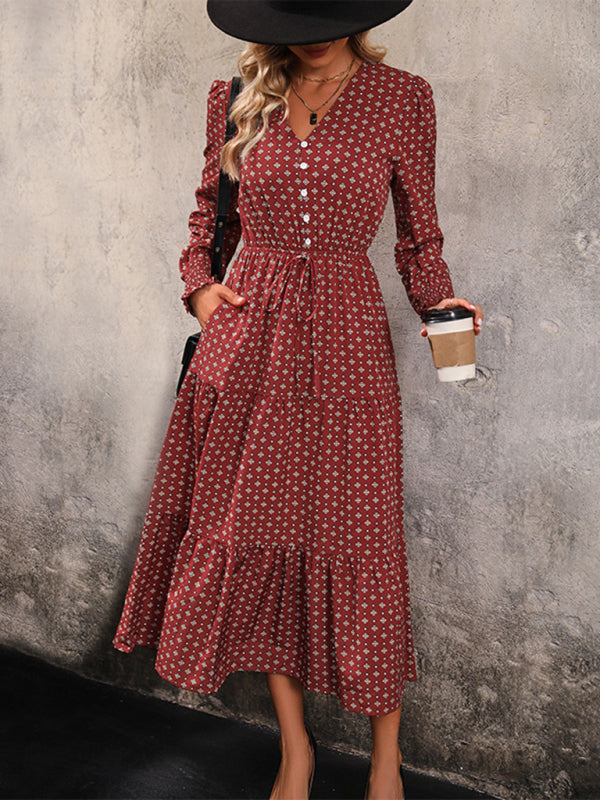New Women's Long Sleeve Printed V-neck Waist Dress - Premium Dress from kakaclo - Just $16.58! Shop now at Craftklart.store