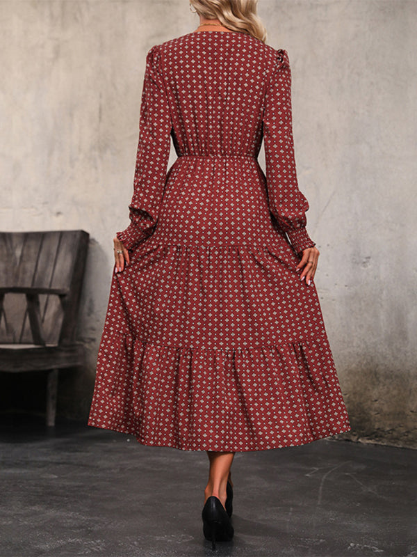New Women's Long Sleeve Printed V-neck Waist Dress - Premium Dress from kakaclo - Just $16.58! Shop now at Craftklart.store