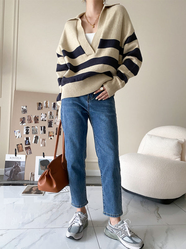 New Casual Polo Large V-neck Striped loose Pullover Sweater - Premium Polo from kakaclo - Just $24.09! Shop now at Craftklart.store