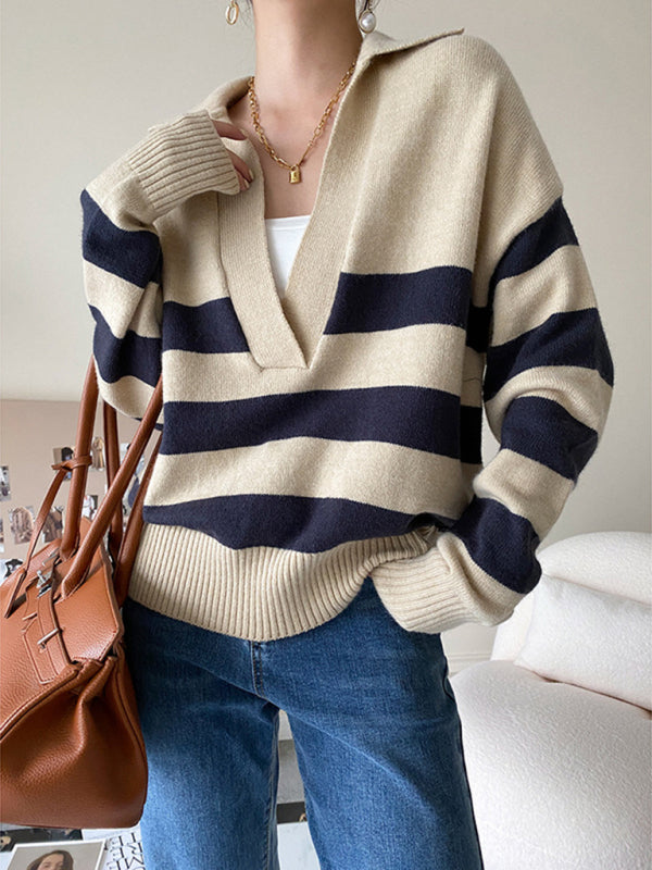 New Casual Polo Large V-neck Striped loose Pullover Sweater - Premium Polo from kakaclo - Just $24.09! Shop now at Craftklart.store
