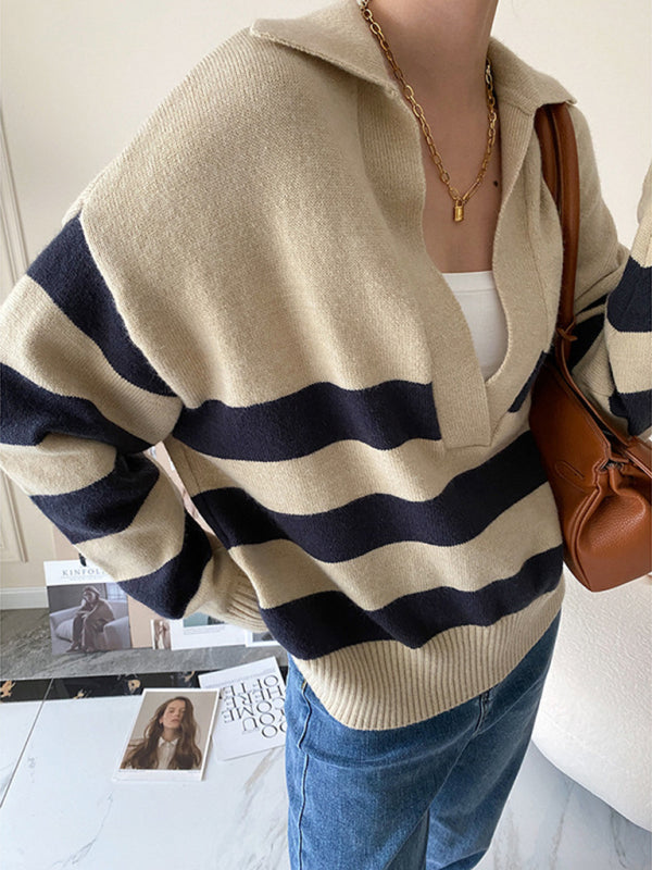 New Casual Polo Large V-neck Striped loose Pullover Sweater - Premium Polo from kakaclo - Just $24.09! Shop now at Craftklart.store