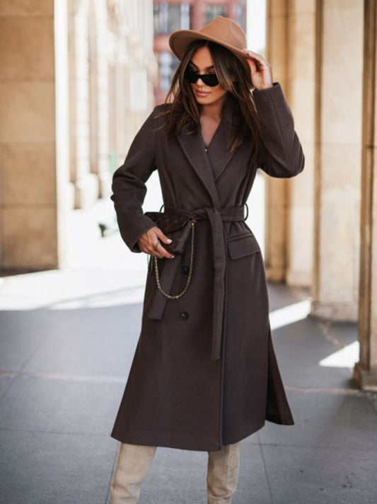 Women's Simple Long-sleeved Solid Color Suit Collar Tie-up Woolen Jacket