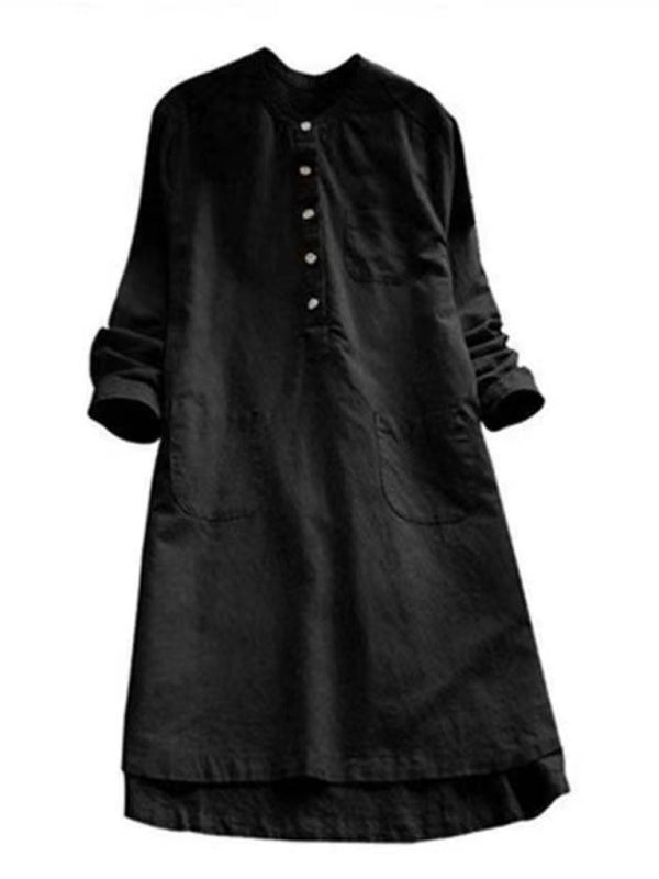 New Solid Color Henley Collar Button Open Long Sleeve Shirt Style Midi Dress - Premium Dress from Craftklart Dropship - Just $14.98! Shop now at Craftklart.store