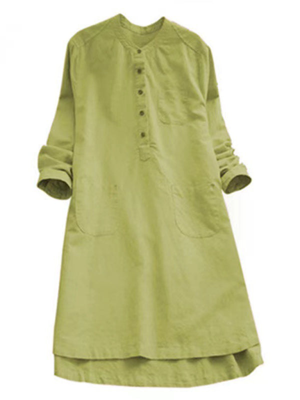 New Solid Color Henley Collar Button Open Long Sleeve Shirt Style Midi Dress - Premium Dress from Craftklart Dropship - Just $14.98! Shop now at Craftklart.store
