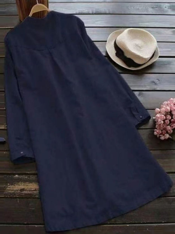 New Solid Color Henley Collar Button Open Long Sleeve Shirt Style Midi Dress - Premium Dress from Craftklart Dropship - Just $14.98! Shop now at Craftklart.store