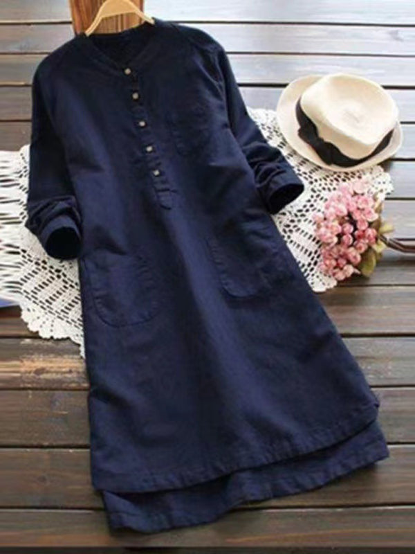 New Solid Color Henley Collar Button Open Long Sleeve Shirt Style Midi Dress - Premium Dress from Craftklart Dropship - Just $14.98! Shop now at Craftklart.store
