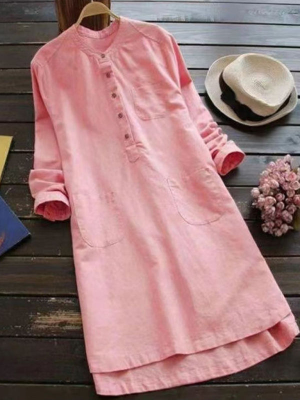 New Solid Color Henley Collar Button Open Long Sleeve Shirt Style Midi Dress - Premium Dress from Craftklart Dropship - Just $14.98! Shop now at Craftklart.store