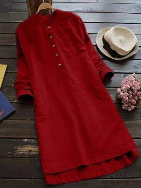 New Solid Color Henley Collar Button Open Long Sleeve Shirt Style Midi Dress - Premium Dress from Craftklart Dropship - Just $14.98! Shop now at Craftklart.store