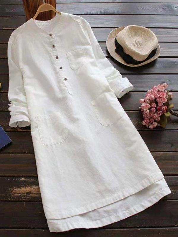 New Solid Color Henley Collar Button Open Long Sleeve Shirt Style Midi Dress - Premium Dress from Craftklart Dropship - Just $14.98! Shop now at Craftklart.store