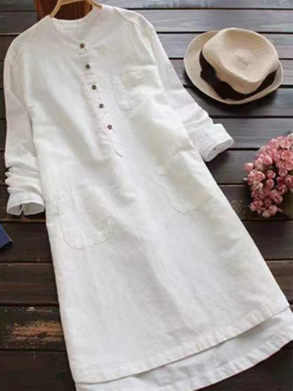 New Solid Color Henley Collar Button Open Long Sleeve Shirt Style Midi Dress - Premium Dress from Craftklart Dropship - Just $14.98! Shop now at Craftklart.store