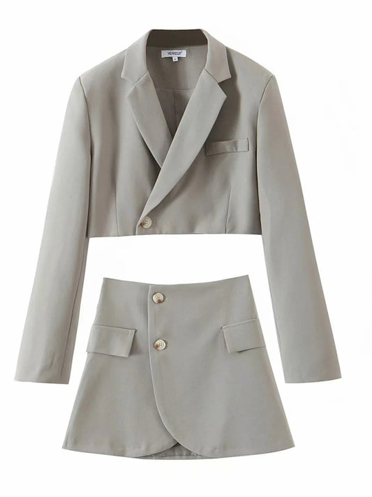 Casual Diagonal Button Short Blazer + High Waist Pocket Skirt Suit