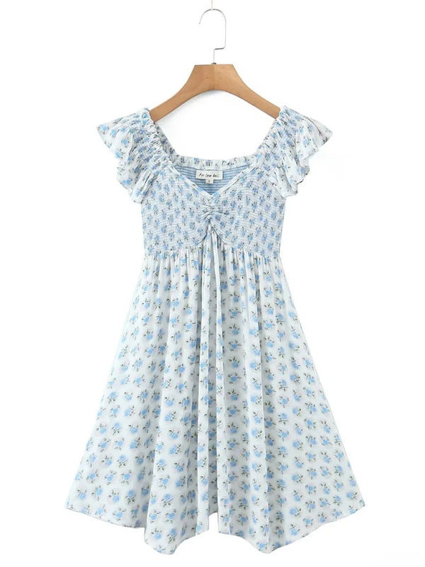 New style flying sleeve elastic pleated V-neck blue floral dress - Premium Dress from kakaclo - Just $16.98! Shop now at Craftklart.store