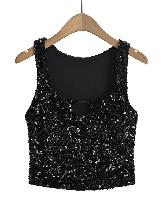 New Hot Girl Fashion Casual Sequined Sexy Square Neck Hollow Navel Vest - Premium Shirt & Tops from Craftklart Dropship - Just $12.98! Shop now at Craftklart.store