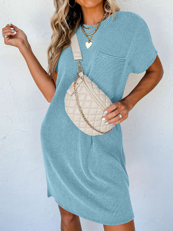 Casual Contrasting Wavy Striped Short-sleeved Pocket Dress - Premium Dress from Craftklart Dropship - Just $12! Shop now at Craftklart.store