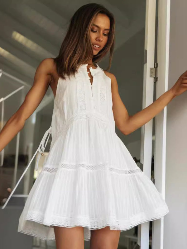 Women's Holiday Skirt Lace Stitching Stand-up Collar Button Full Skirt Dress - Premium Dress from Craftklart Dropship - Just $12.98! Shop now at Craftklart.store