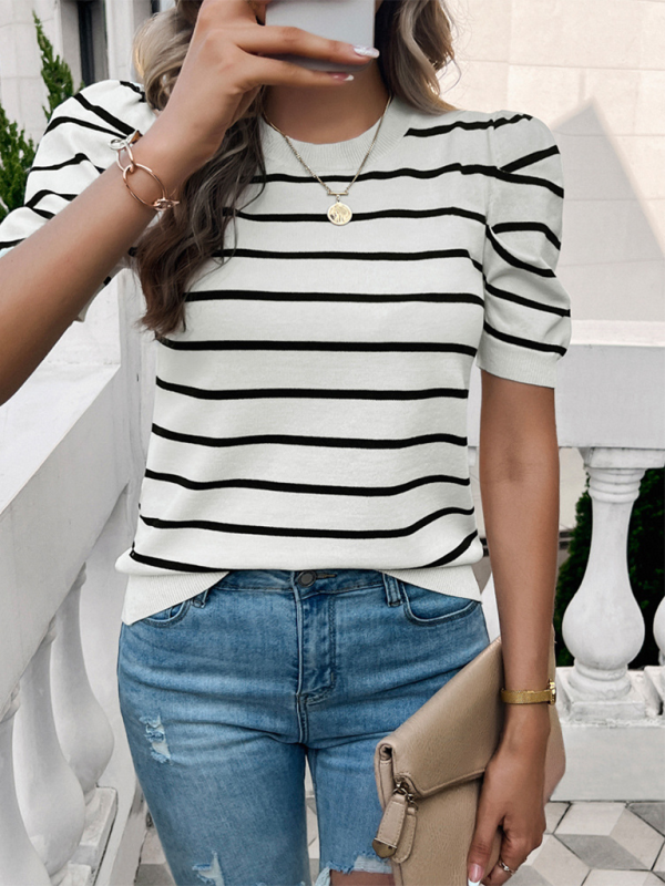 Women's Tops Puff Sleeve Round Neck Contrast Color Sweater - Premium Shirt & Tops from Craftklart Dropship - Just $19.16! Shop now at Craftklart.store