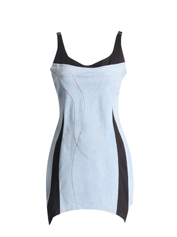 Urban Ladies Spliced Suspender Hip-wrapped Denim Dress