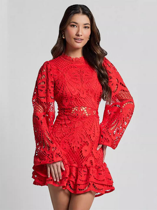 Lapel Lantern Long Sleeve Waist Gown Short A-line Ruffle Hollow Lace Dresses - Premium Dress from Craftklart Dropship - Just $23.64! Shop now at Craftklart.store