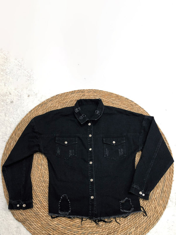 Ripped Mid-length Denim Washed vintage long-sleeved Shirt/Jacket - Premium Shirt & Tops from kakaclo - Just $36.40! Shop now at Craftklart.store