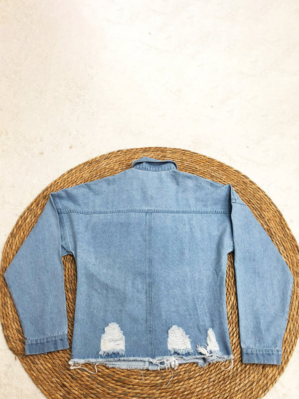 Ripped Mid-length Denim Washed vintage long-sleeved Shirt/Jacket - Premium Shirt & Tops from kakaclo - Just $36.40! Shop now at Craftklart.store