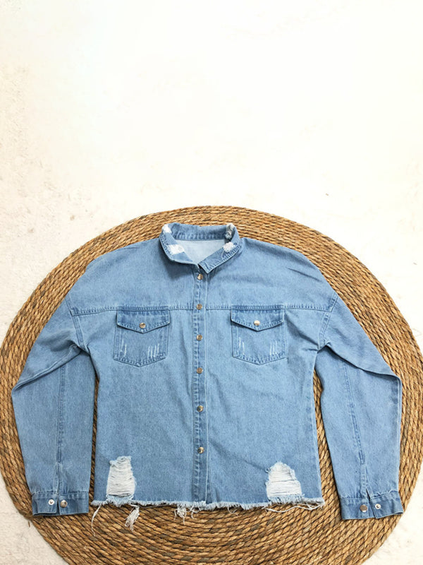 Ripped Mid-length Denim Washed vintage long-sleeved Shirt/Jacket - Premium Shirt & Tops from kakaclo - Just $36.40! Shop now at Craftklart.store