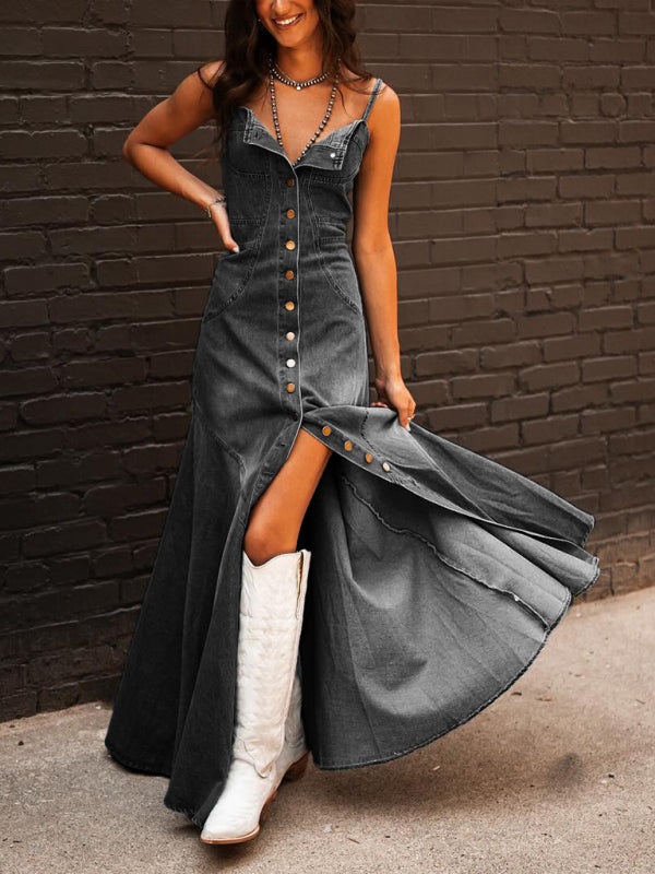 New Retro Cotton Denim Distressed Slim Fit Buttoned Long Swing Dress - Premium Dress from kakaclo - Just $43! Shop now at Craftklart.store