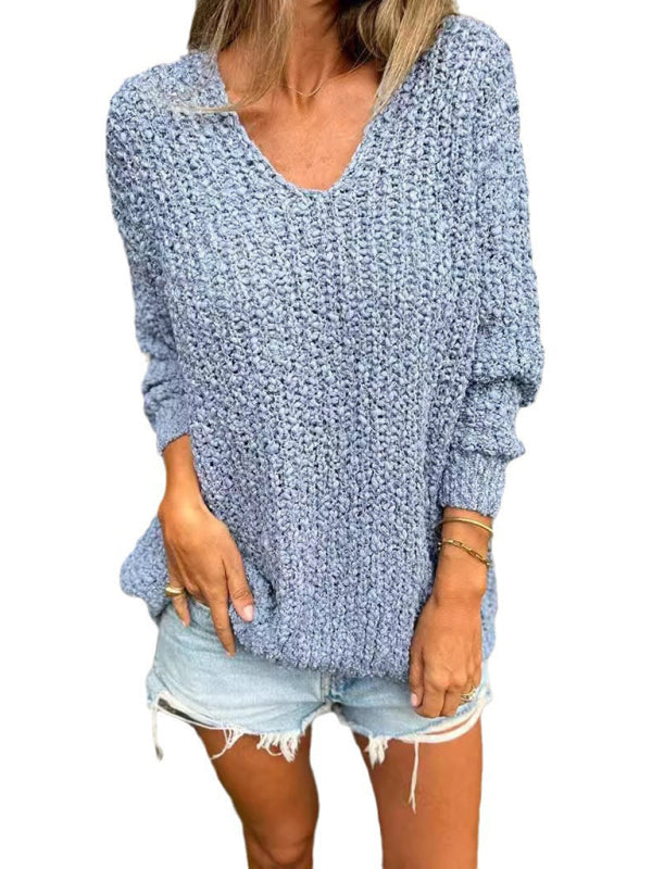 New Chunky Flower Knitted V-Neck Lazy Long Sleeve Sweater - Craftklart.store