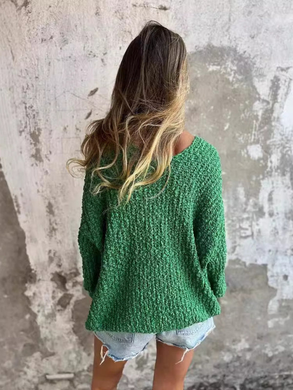 New Chunky Flower Knitted V-Neck Lazy Long Sleeve Sweater - Craftklart.store