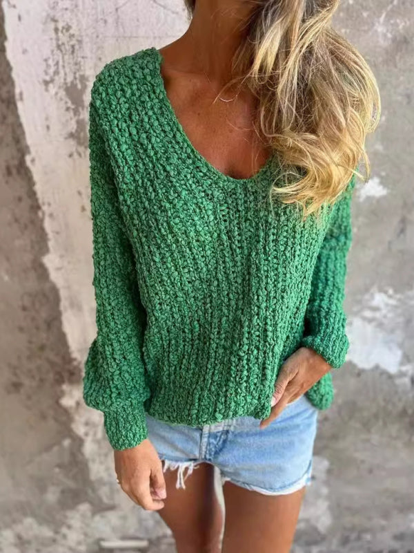 New Chunky Flower Knitted V-Neck Lazy Long Sleeve Sweater - Craftklart.store