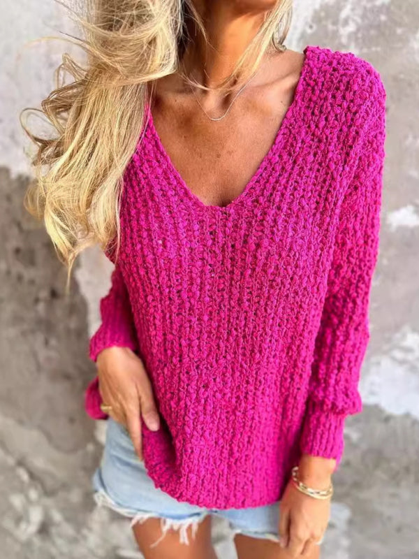 New Chunky Flower Knitted V-Neck Lazy Long Sleeve Sweater - Craftklart.store