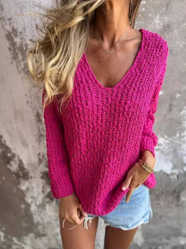 New Chunky Flower Knitted V-Neck Lazy Long Sleeve Sweater - Craftklart.store
