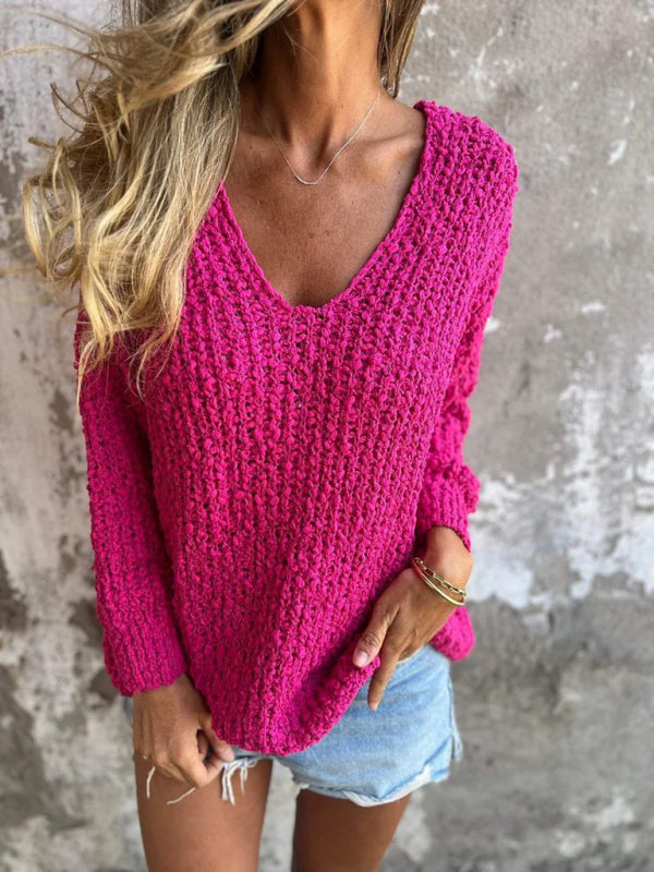 New Chunky Flower Knitted V-Neck Lazy Long Sleeve Sweater - Craftklart.store