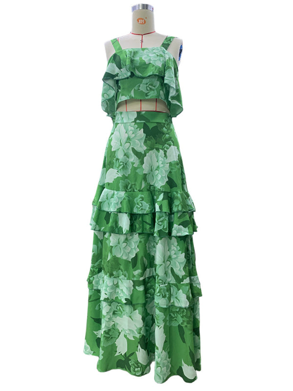 Fashionable Holiday Style Camisole Top with Printed Ruffle Skirt Two-piece Set - Premium Dress from kakaclo - Just $19.95! Shop now at Craftklart.store