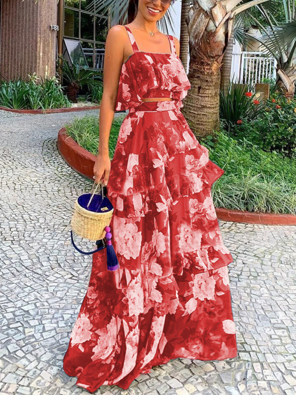 Fashionable Holiday Style Camisole Top with Printed Ruffle Skirt Two-piece Set - Premium Dress from kakaclo - Just $19.95! Shop now at Craftklart.store