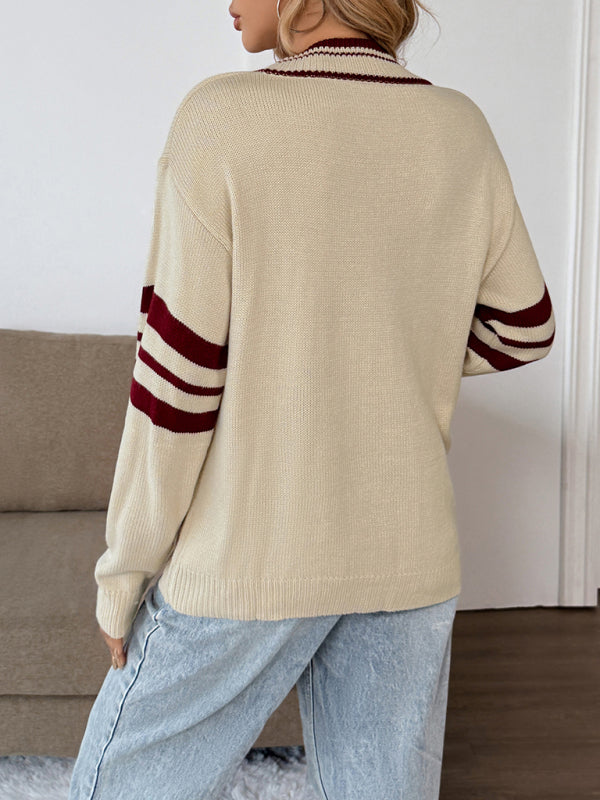 Preppy Loose Long-sleeved Striped V-neck Sweater - Craftklart.store
