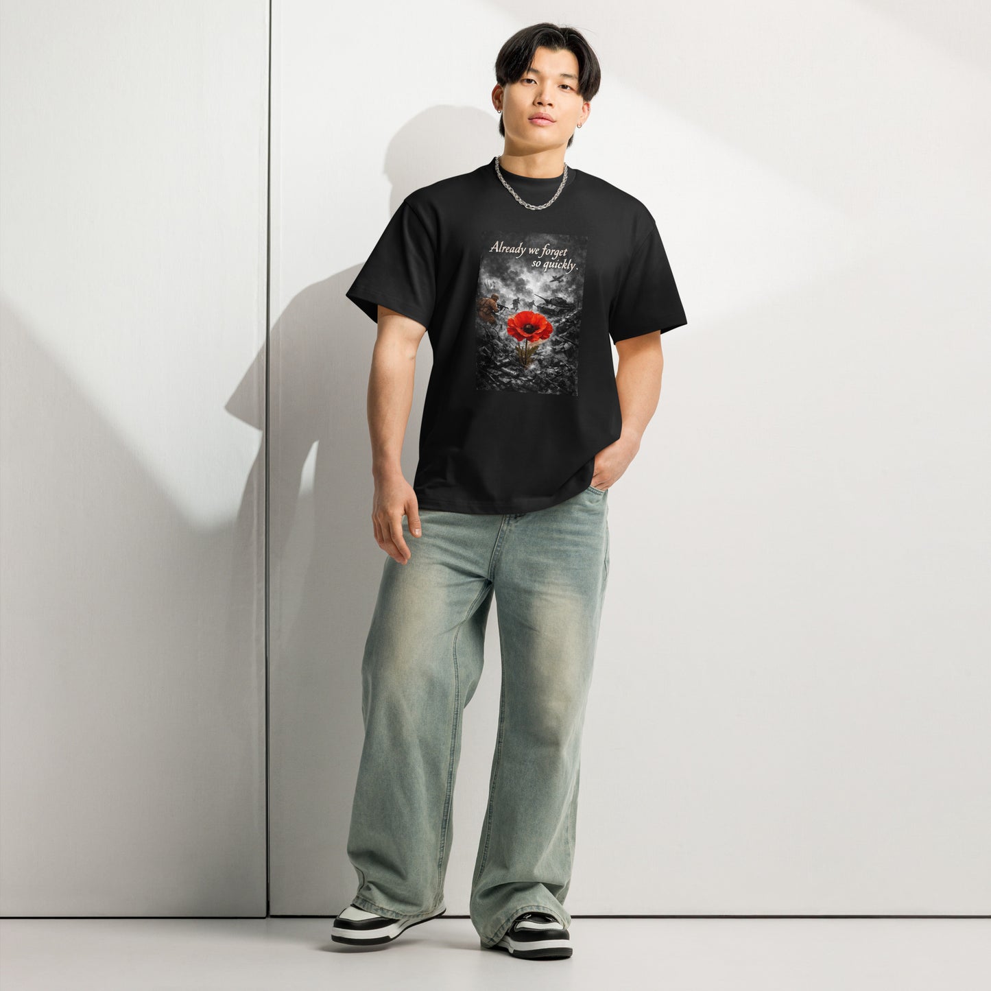 Black men's boxy oversized cotton T-shirt from Craftklart with drop shoulder design, front view, available in four colors.
