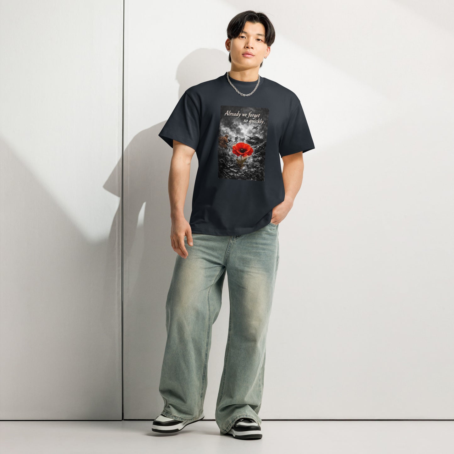 Men's navy blue oversized boxy T-shirt by Craftklart, 100% cotton, front view showing drop shoulder design in a relaxed fit.