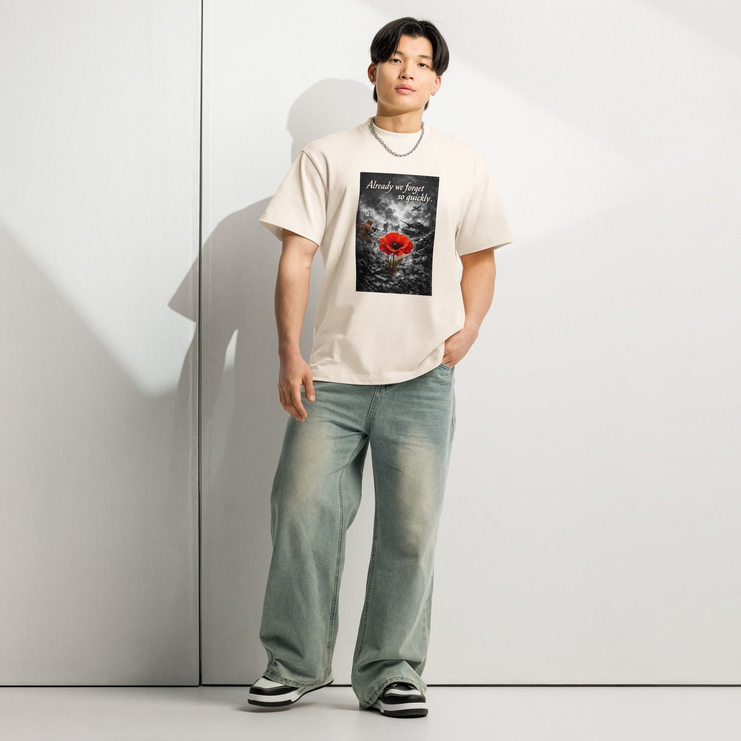 Men's oversized boxy T-shirt in vintage white by Craftklart, made of 100% cotton with drop shoulder design and available in four colors.