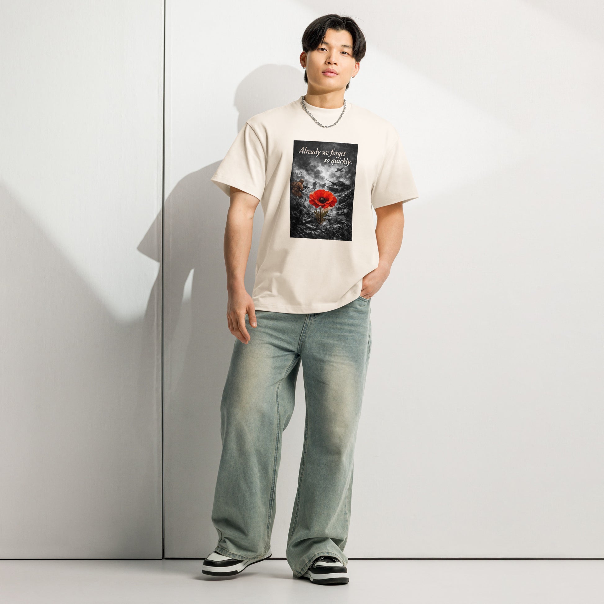 Men's oversized boxy T-shirt in vintage white by Craftklart, made of 100% cotton with drop shoulder design and available in four colors.