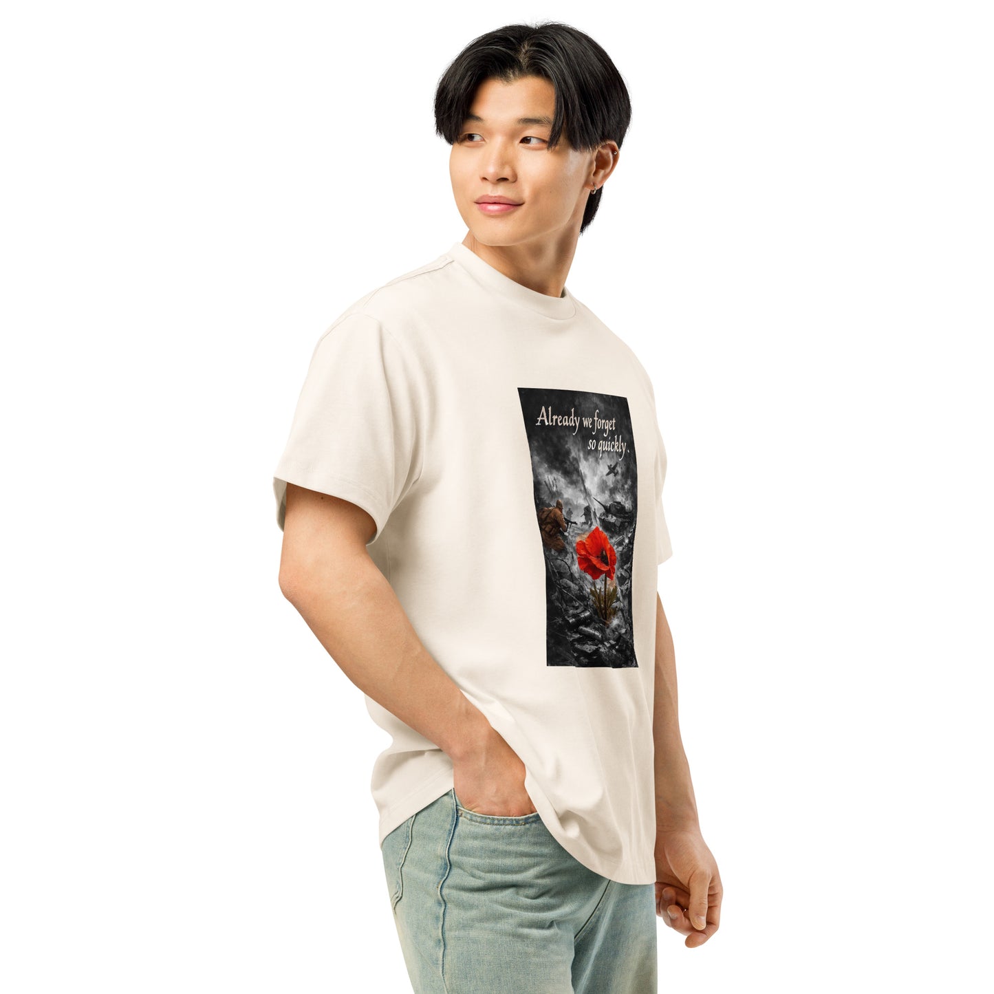 Men's boxy oversized Craftklart cotton T-shirt in vintage white, shown from front right side, with drop shoulder design.