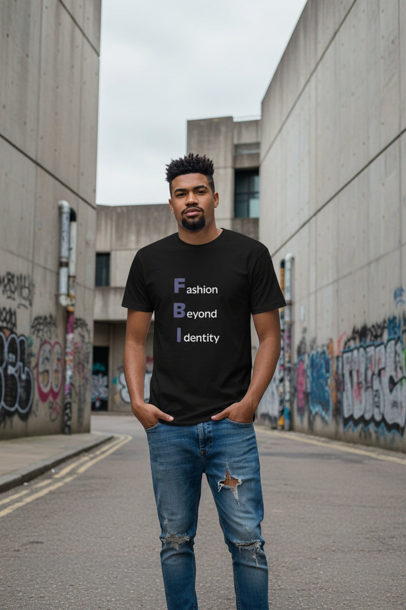 Black men's FBI fitted graphic T-shirt with bold letter print and fashion-forward design by Craftklart.