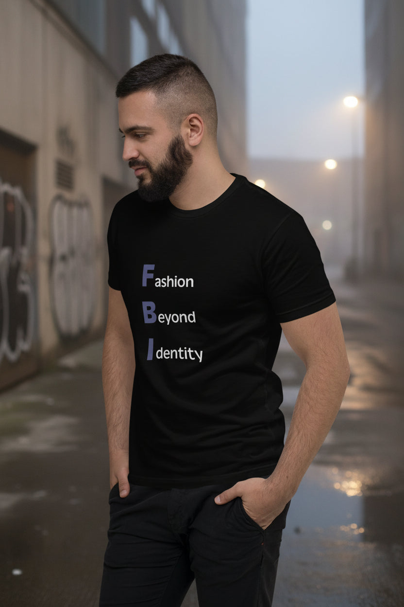 Black men's fitted graphic T-shirt by Craftklart with FBI logo and bold letter print on front, casual streetwear style.