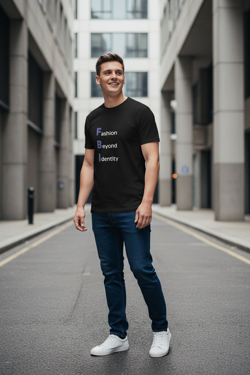 Black FBI fitted graphic T-shirt for men by Craftklart featuring bold letter print design on the front.