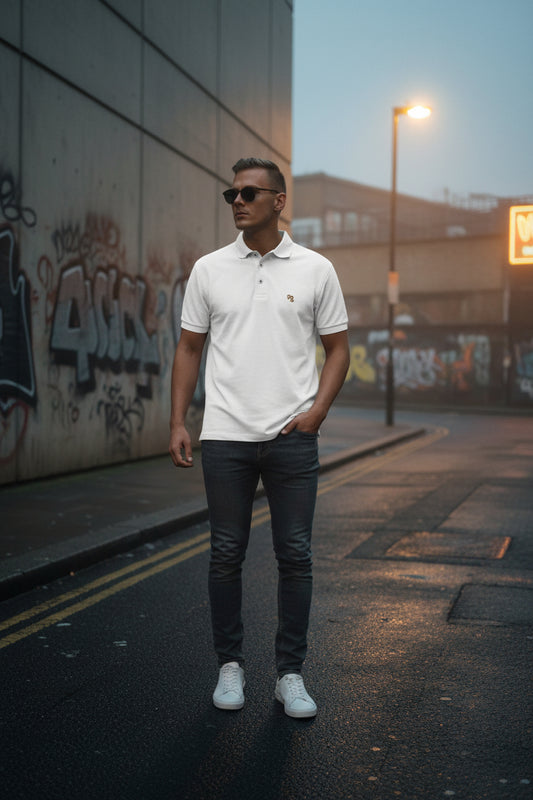 White Craftklart Urban Men's Premium Polo shirt displayed from the front showing the fit and collar details.