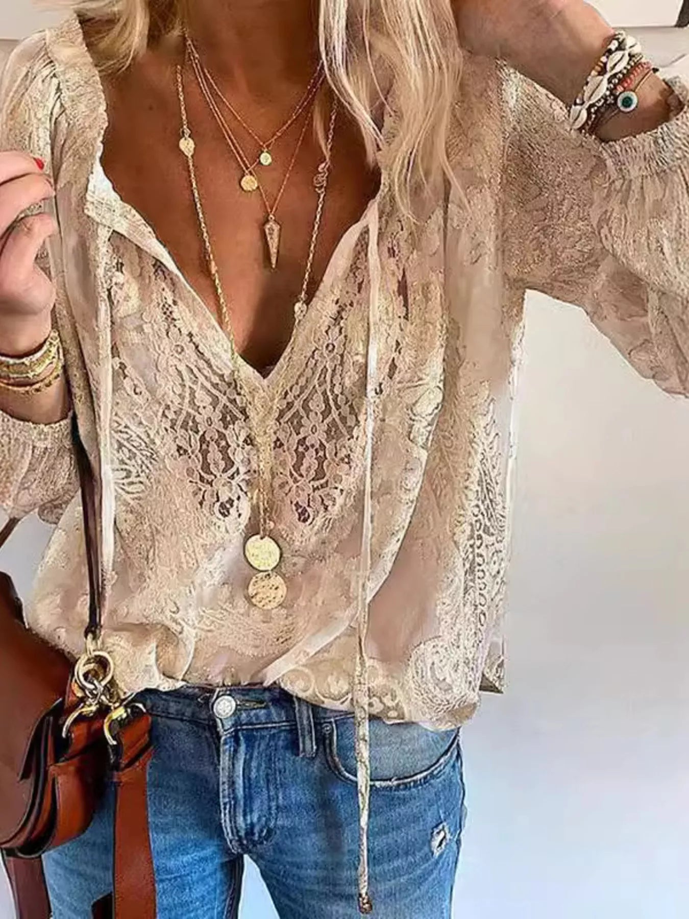Women's Lace Tie-Neck Blouse – Sheer & Feminine | Minimalist Streetwear | Craftklart