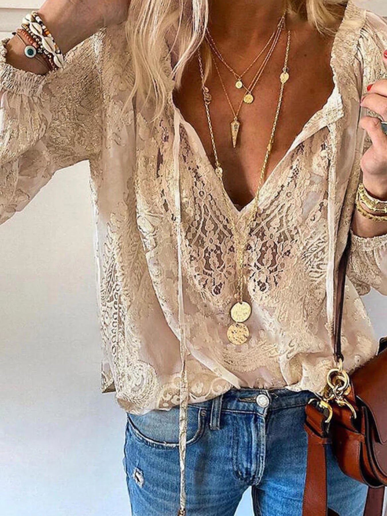 Women's Lace Tie-Neck Blouse – Sheer & Feminine | Minimalist Streetwear | Craftklart