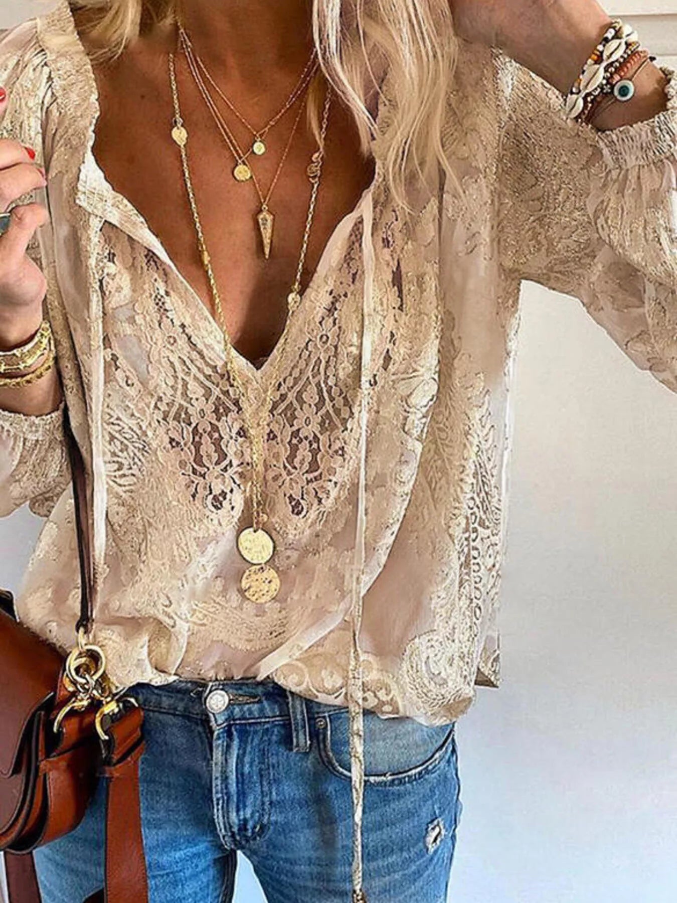 Women's Lace Tie-Neck Blouse – Sheer & Feminine | Minimalist Streetwear | Craftklart